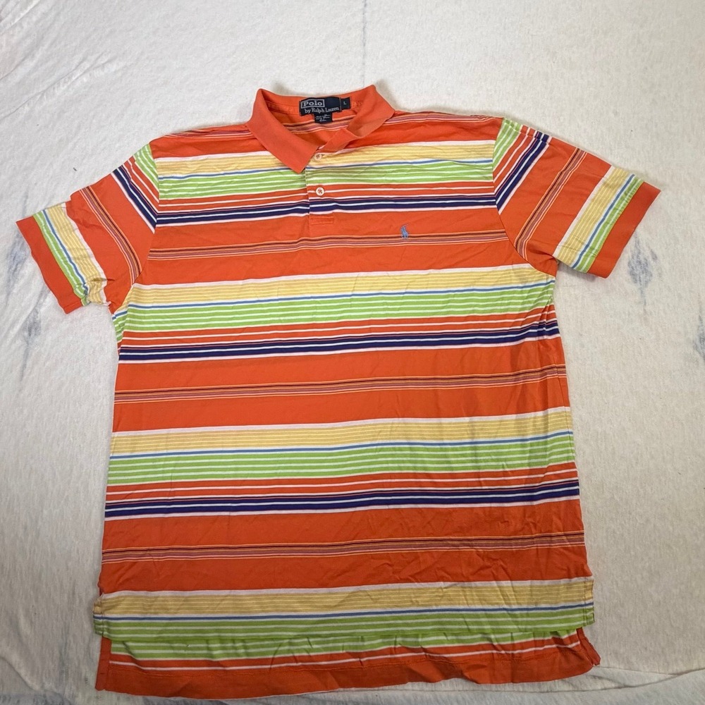 Polo Ralph Lauren Mens Large Orange Multi Stripe Short Sleeve Polo Shirt